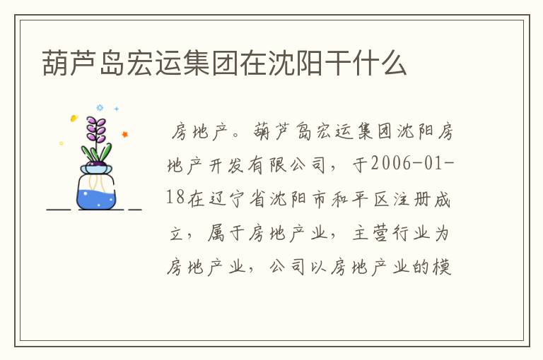 葫芦岛宏运集团在沈阳干什么
