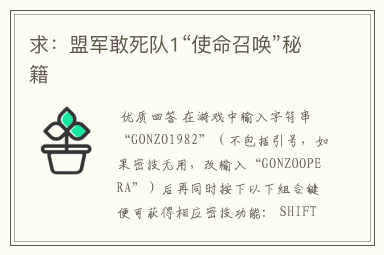 求:盟军敢死队1“使命召唤”秘籍