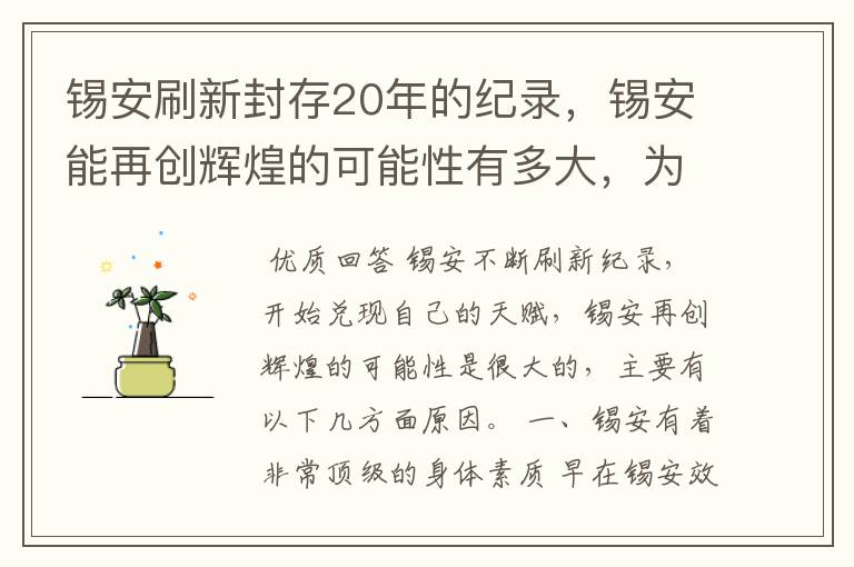 锡安刷新封存20年的纪录,锡安能再创辉煌的可能性有多大,为什么?