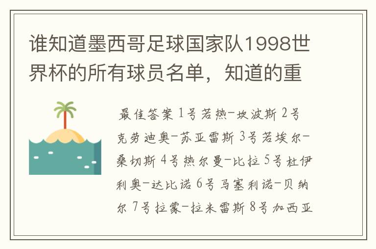 谁知道墨西哥足球国家队1998世界杯的所有球员名单，知道的重赏