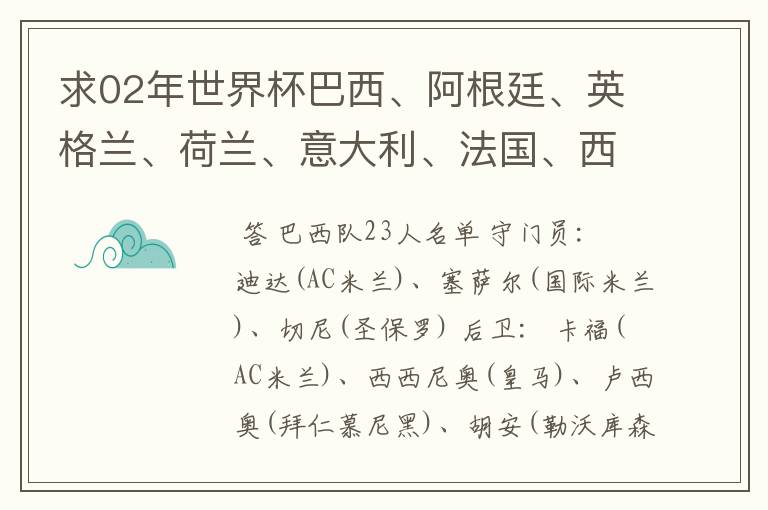 求02年世界杯巴西、阿根廷、英格兰、荷兰、意大利、法国、西班牙的全部阵容