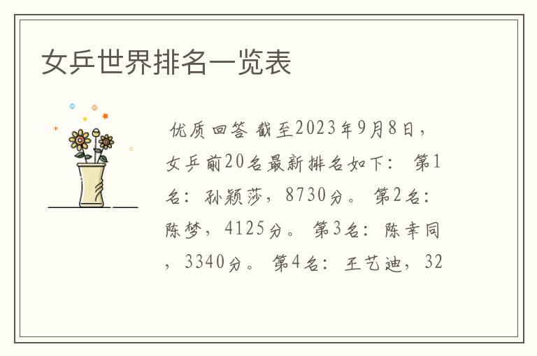 女乒世界排名一览表