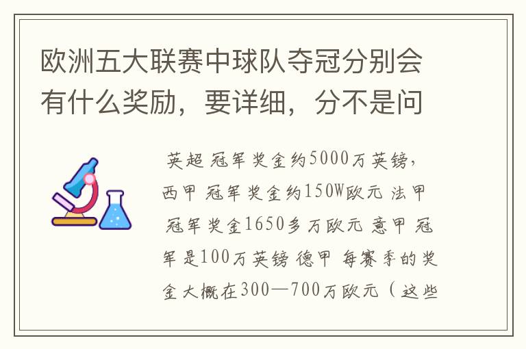 欧洲五大联赛中球队夺冠分别会有什么奖励,要详细,分不是问题