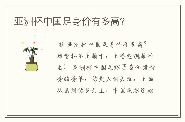 亚洲杯中国足身价有多高?