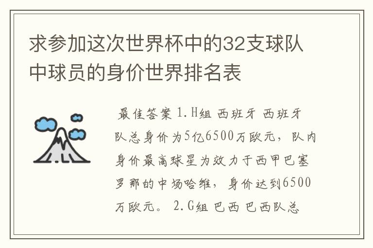 求参加这次世界杯中的32支球队中球员的身价世界排名表