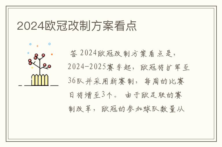 2024欧冠改制方案看点