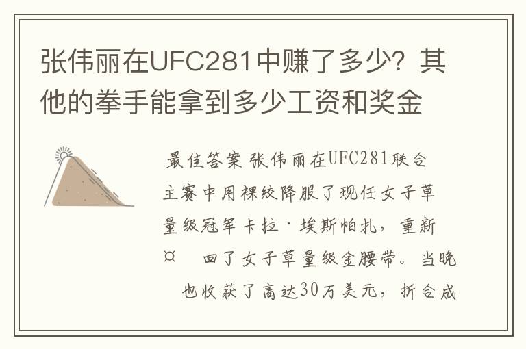 张伟丽在UFC281中赚了多少?其他的拳手能拿到多少工资和奖金?