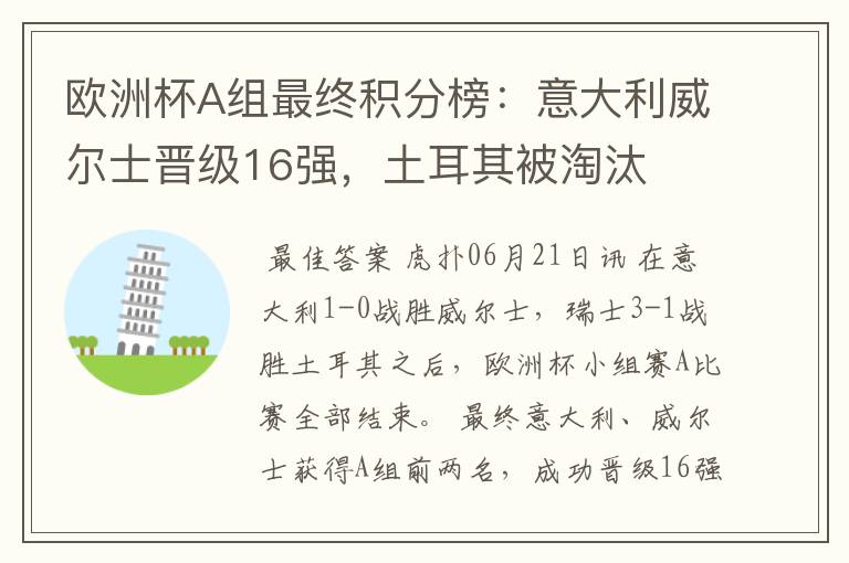 欧洲杯A组最终积分榜:意大利威尔士晋级16强,土耳其被淘汰