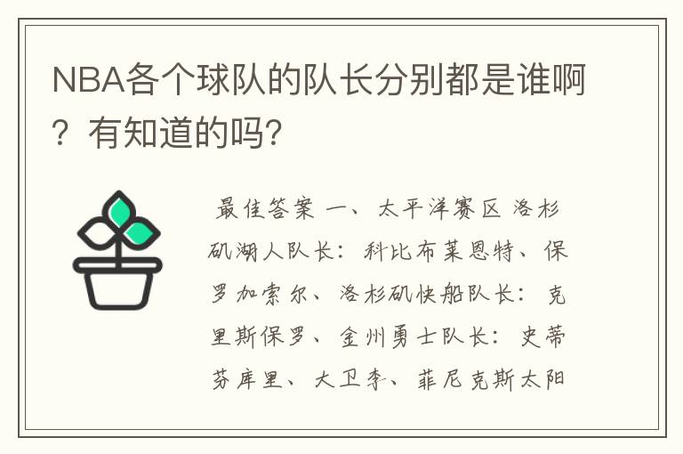 NBA各个球队的队长分别都是谁啊?有知道的吗?