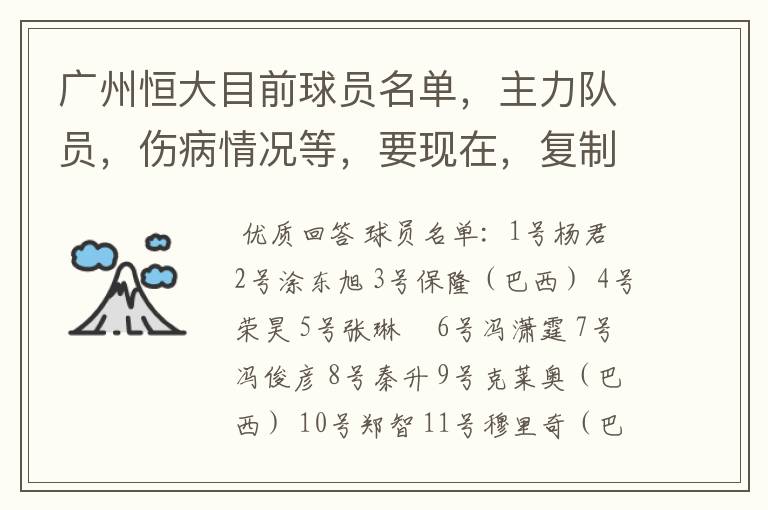 广州恒大目前球员名单,主力队员,伤病情况等,要现在,复制的别来!