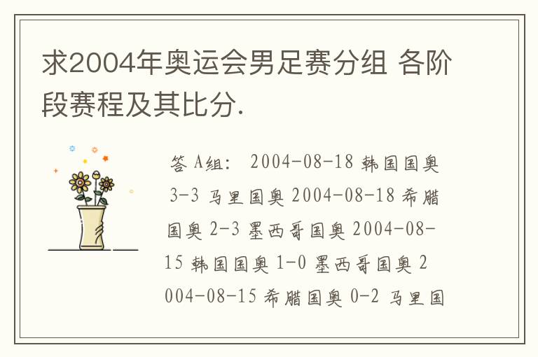 求2004年奥运会男足赛分组 各阶段赛程及其比分.