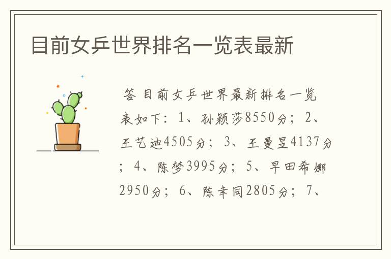 目前女乒世界排名一览表最新