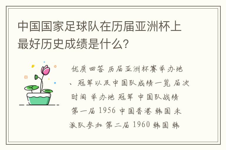 中国国家足球队在历届亚洲杯上最好历史成绩是什么?