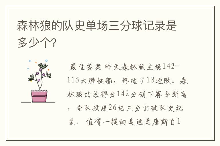 森林狼的队史单场三分球记录是多少个?