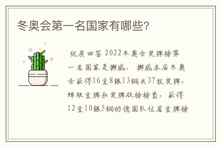 冬奥会第一名国家有哪些?