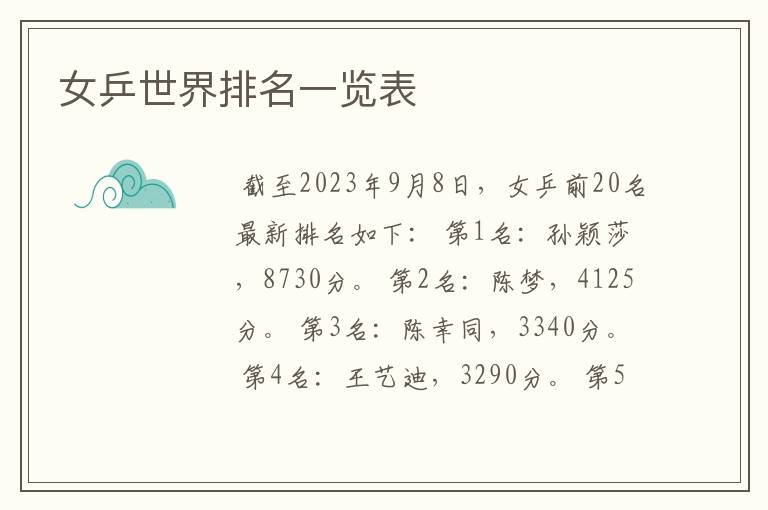 女乒世界排名一览表