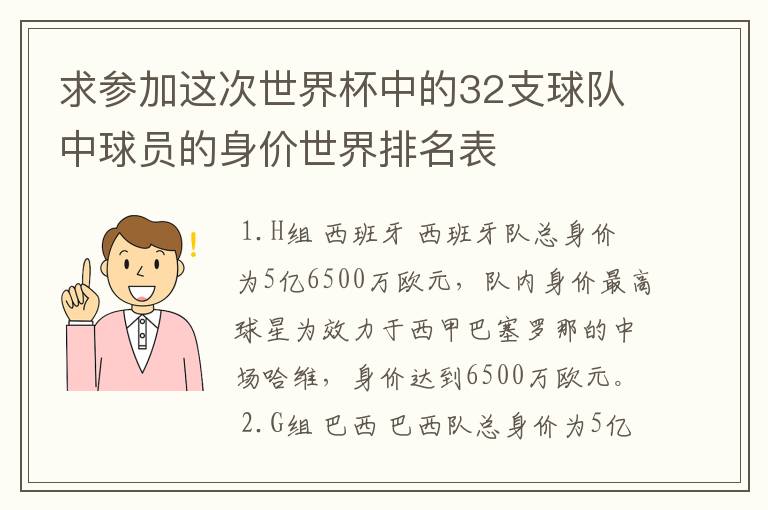 求参加这次世界杯中的32支球队中球员的身价世界排名表