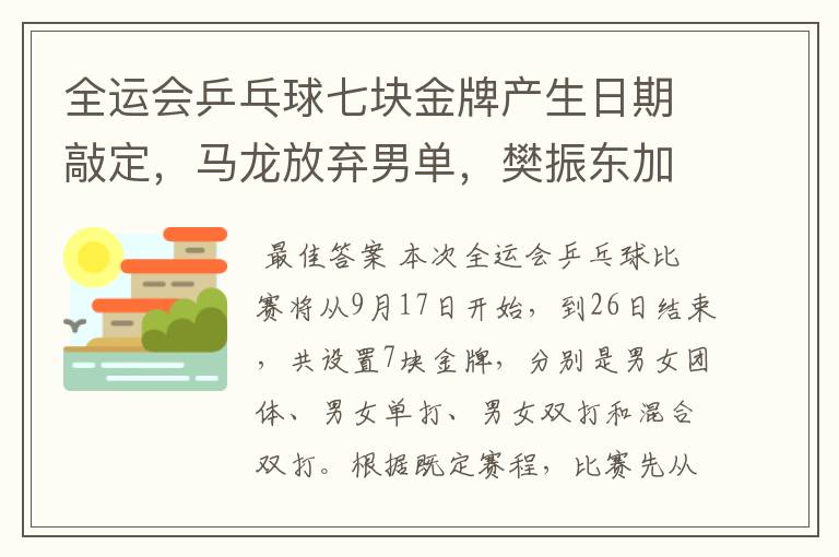 全运会乒乓球七块金牌产生日期敲定,马龙放弃男单,樊振东加冕?