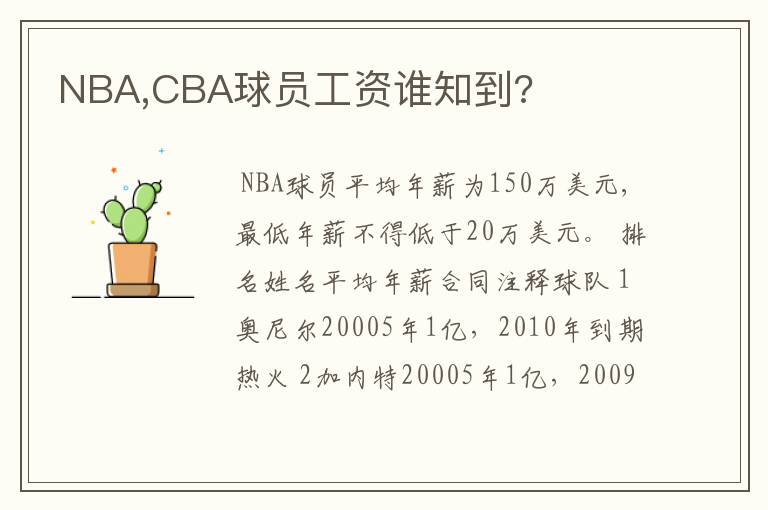 NBA,CBA球员工资谁知到?