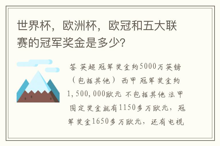 世界杯,欧洲杯,欧冠和五大联赛的冠军奖金是多少?