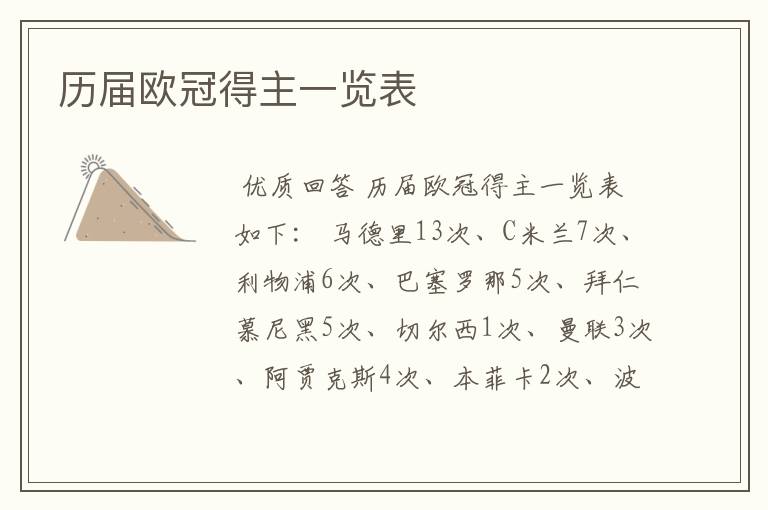 历届欧冠得主一览表