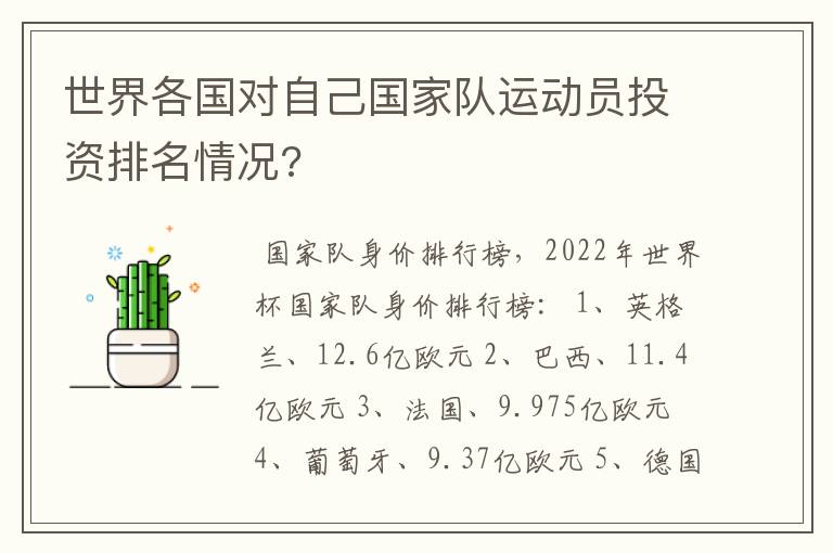 世界各国对自己国家队运动员投资排名情况?