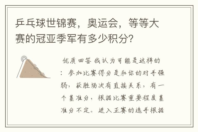 乒乓球世锦赛,奥运会,等等大赛的冠亚季军有多少积分?