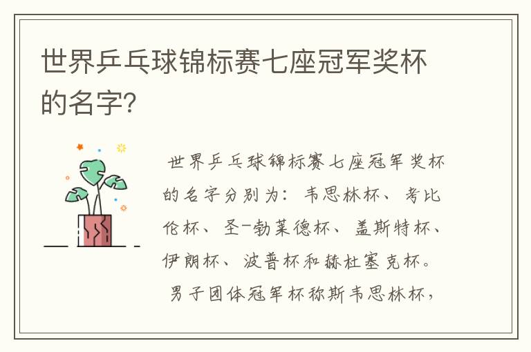 世界乒乓球锦标赛七座冠军奖杯的名字?