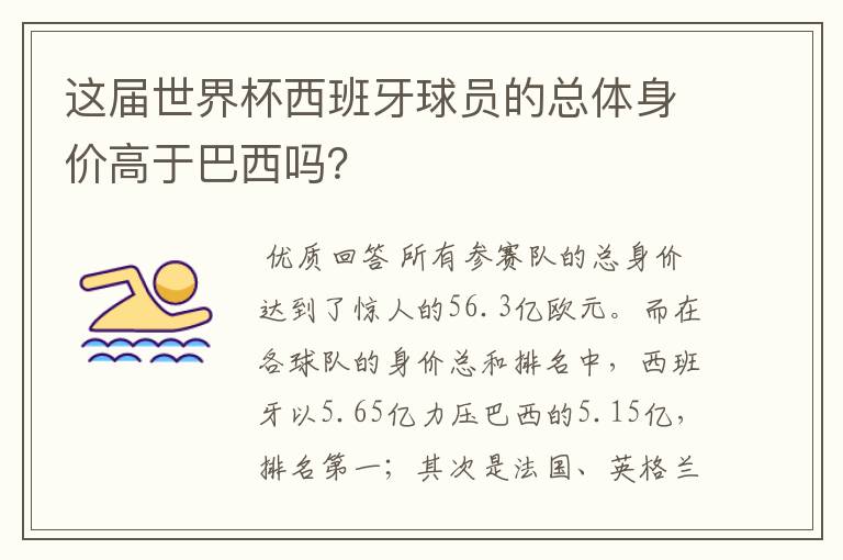 这届世界杯西班牙球员的总体身价高于巴西吗?