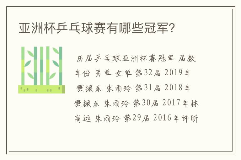 亚洲杯乒乓球赛有哪些冠军?