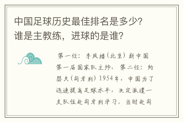 中国足球历史最佳排名是多少？谁是主教练，进球的是谁？