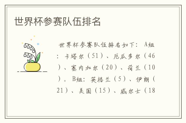 世界杯参赛队伍排名