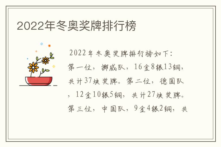 2022年冬奥奖牌排行榜