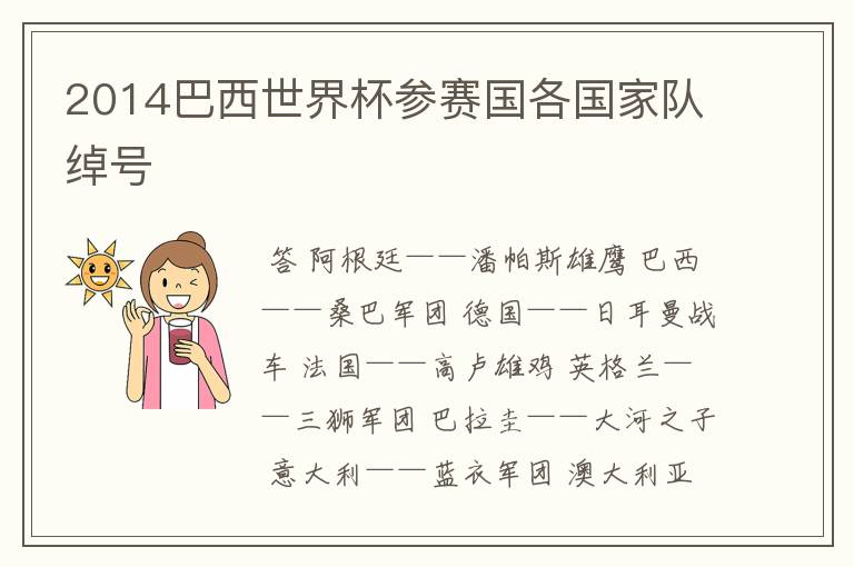 2014巴西世界杯参赛国各国家队绰号