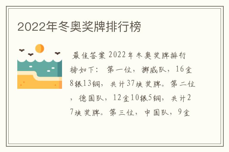 2022年冬奥奖牌排行榜