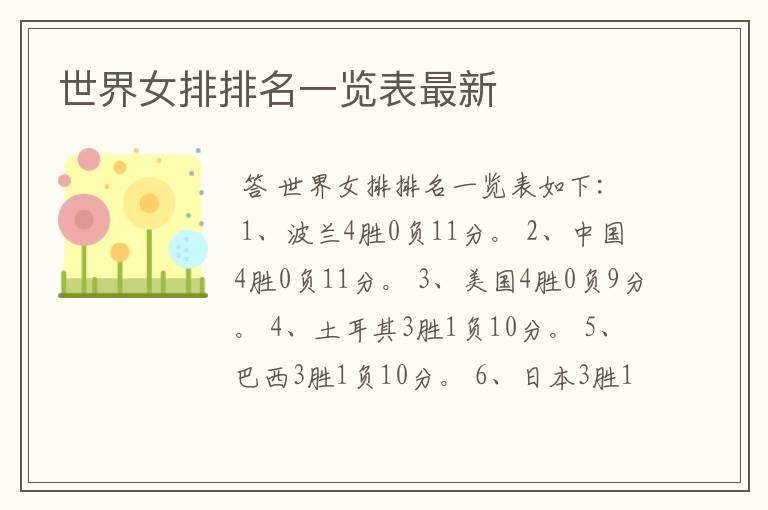 世界女排排名一览表最新
