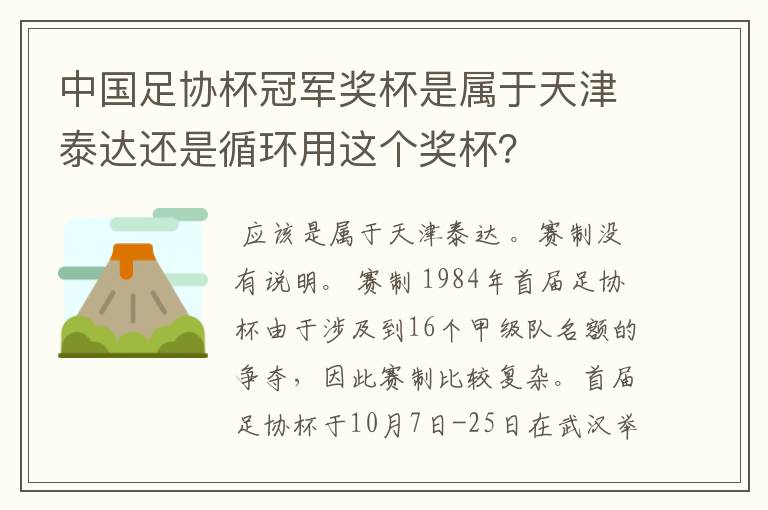 中国足协杯冠军奖杯是属于天津泰达还是循环用这个奖杯?