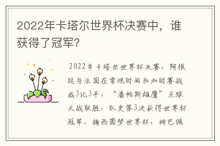 2022年卡塔尔世界杯决赛中,谁获得了冠军?
