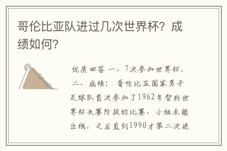 哥伦比亚队进过几次世界杯?成绩如何?