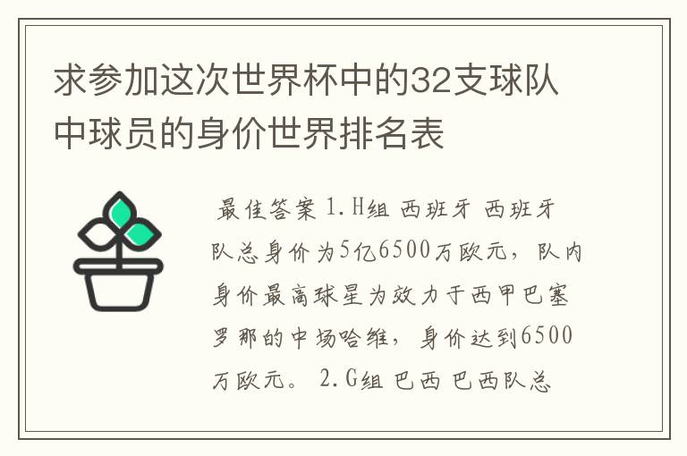 求参加这次世界杯中的32支球队中球员的身价世界排名表