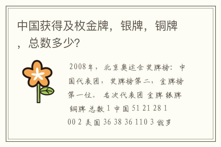 中国获得及枚金牌,银牌,铜牌,总数多少?