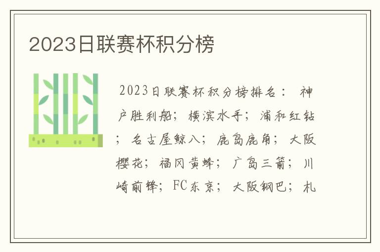 2023日联赛杯积分榜