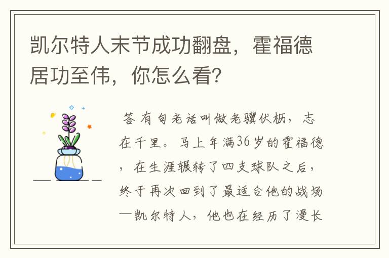 凯尔特人末节成功翻盘,霍福德居功至伟,你怎么看?