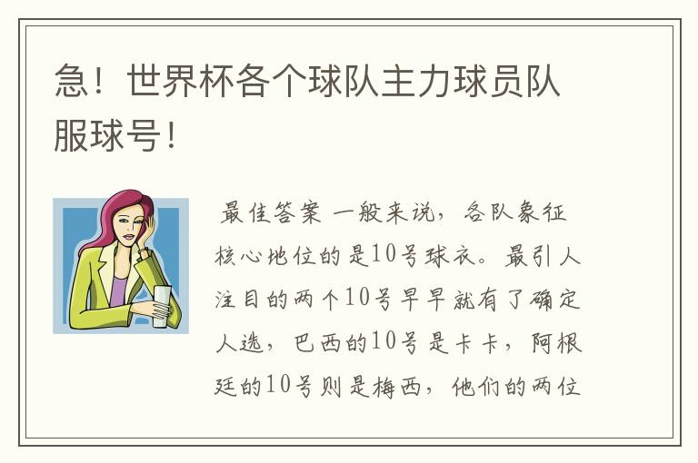 急!世界杯各个球队主力球员队服球号!