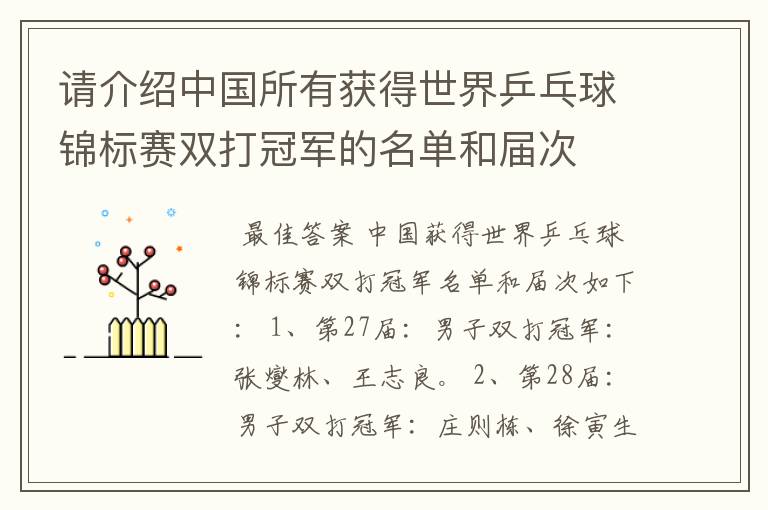 请介绍中国所有获得世界乒乓球锦标赛双打冠军的名单和届次