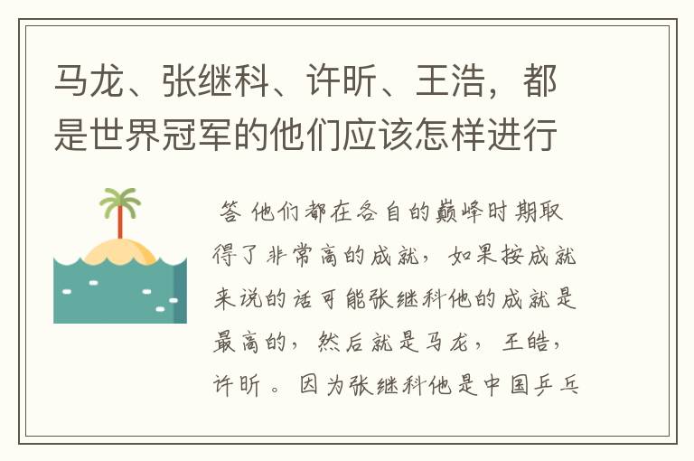 马龙、张继科、许昕、王浩,都是世界冠军的他们应该怎样进行实力上的排序?