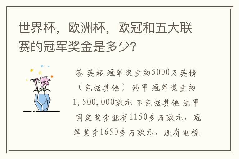 世界杯,欧洲杯,欧冠和五大联赛的冠军奖金是多少?