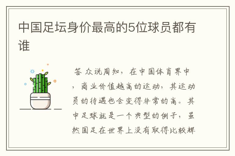 中国足坛身价最高的5位球员都有谁