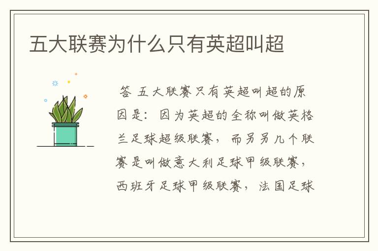 五大联赛为什么只有英超叫超