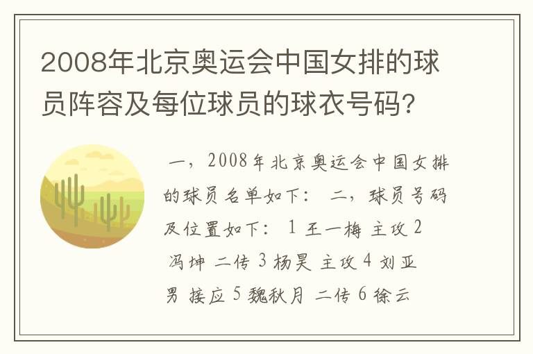 2008年北京奥运会中国女排的球员阵容及每位球员的球衣号码?